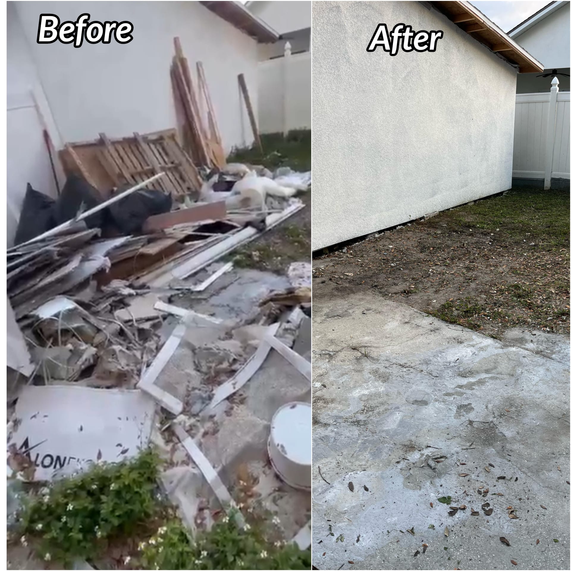 Before and after exterior house cleanup and debris removal in Orlando Florida